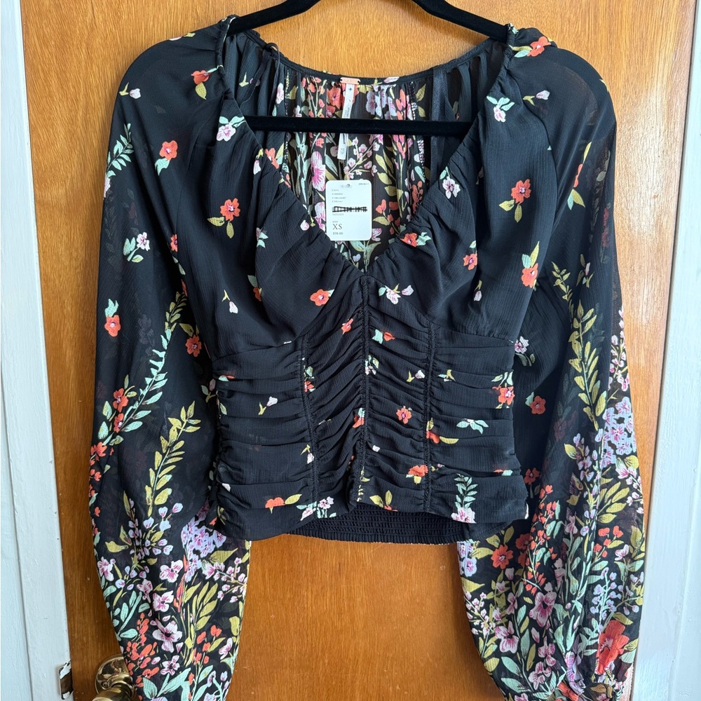 Free People Black Floral Ruched Peasant Top